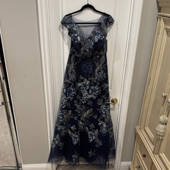 Rickie Freeman Teri Jon Navy and Silver Embroidered Evening Gown for  Weddings